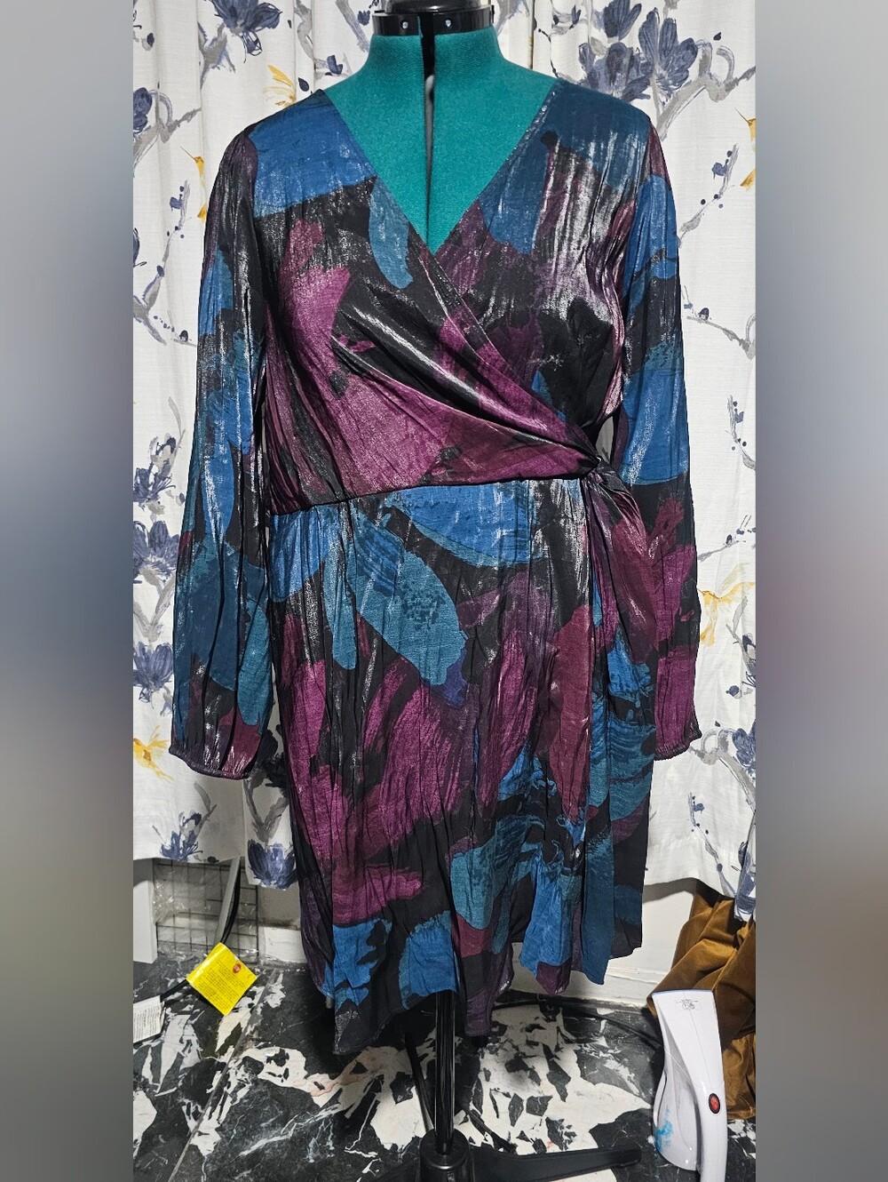 Ava & Viv Shimmer Wrap-Front Long Sleeve Dress in Blue and Purple